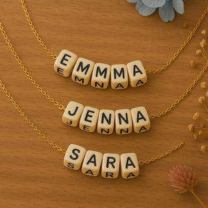 Custom Name Bead Necklace with Gold Chain – Personalized Jewelry Gift for Girls, Women, Moms – Birthday or Mother’s Day Keepsake