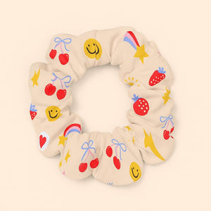 Cute Rainbow Cherry Scrunchie, Kawaii Fruit Hair Tie, Dream Big Smiley Face Hair Accessory, Aesthetic Fun Icon Pattern Gift for Her
