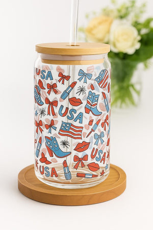 Patriotic Sipper Glass, 16oz - Fourth of July Tumbler, Independence Day Cup, USA Celebration Drinkware, Red White Blue Beer Mug