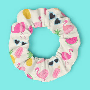 Scrunchie, Flamingo Tropical Hair Tie with Watermelon Pineapple Ice Pop Design, Summer Pool Day Hairband, Cute Gift for Her, Beach Vibe,