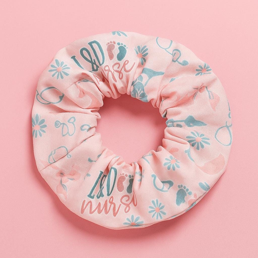 L&D Nurse Hair Scrunchie, Pink Labor and Delivery Nurse Gift, Stork Footprint Floral Hair Tie, Cute OB Nurse Accessory, Nursing Gift