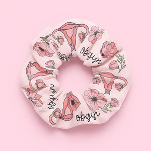 OBYN Nurse Hair Scrunchie, Pink Labor and Delivery Nurse Gift, Stork Footprint Floral Hair Tie, Cute OB Nurse Accessory, Nursing Gift