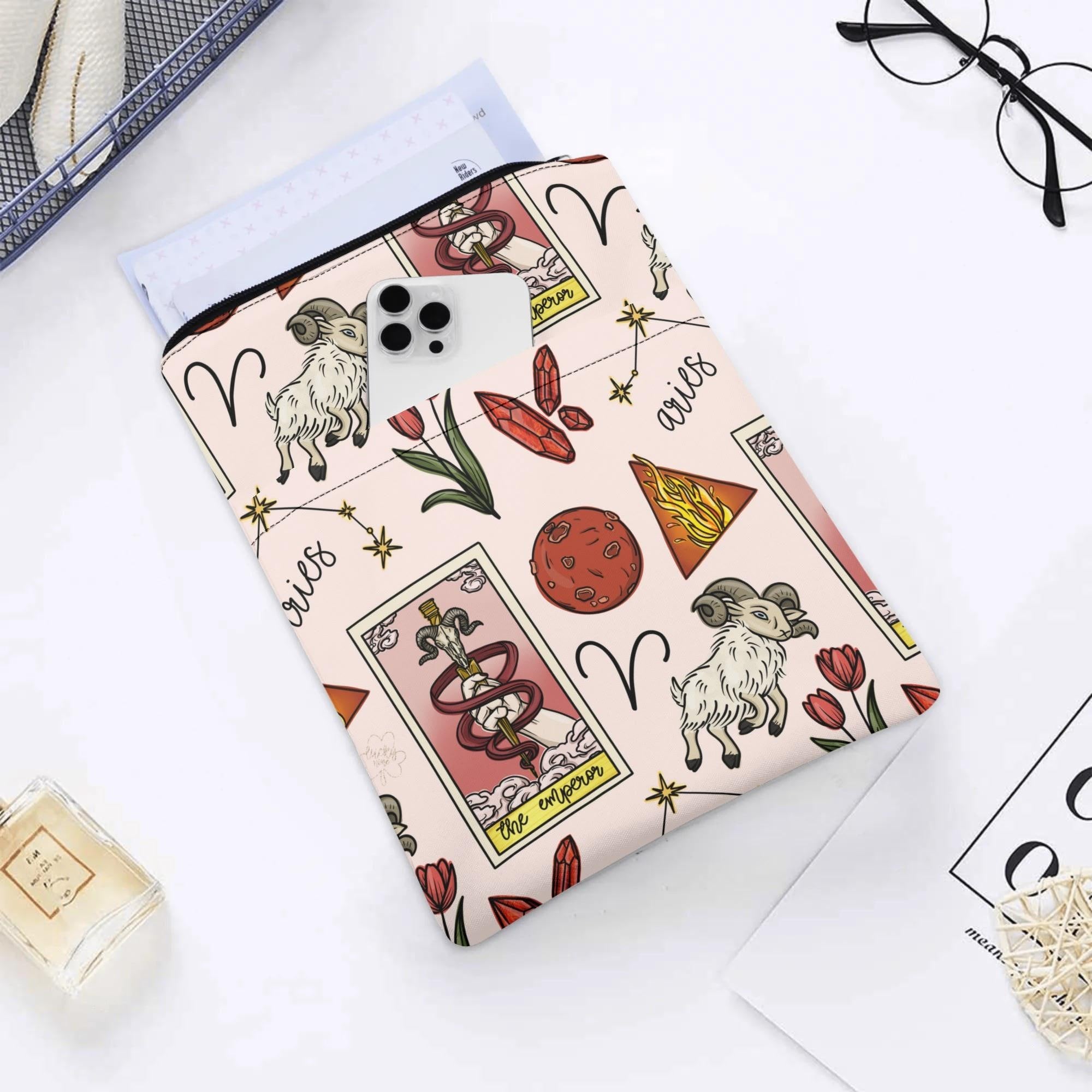 Aries Seamless Pattern Printed Fabric Custom Book Sleeve Book Cover Protector with Zipper and Front Pocket