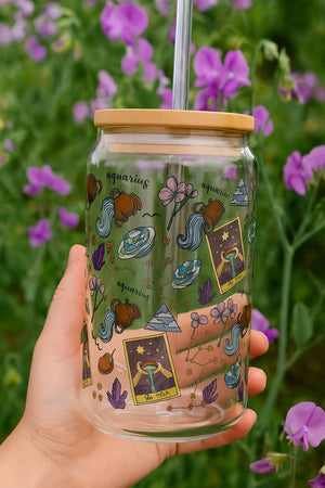 Libby glass sipper, Aquarius tumbler with straw, iced coffee cup, zodiac gift, astrology themed glass, horoscope glass, star sign drinkware