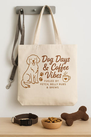 Dog Days & Coffee Vibes Tote Bag, Pet Lovers Gift, Eco-Friendly Shopping Bag, Summer Tote, Dog Mom Bag, Casual Beach Tote