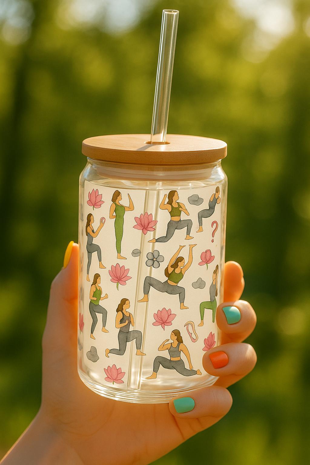 Yoga Sipper Glass, Om Design, Meditation Cup, Drinkware Gift, Mindfulness Tumbler, Lotus Flower Decor