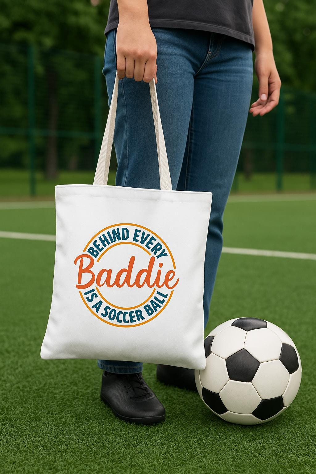Behind Every Bad Baddie Is a Soccer Ball tote bag, Perfect for soccer moms, players & fans, Funny, bold, and badass gift idea