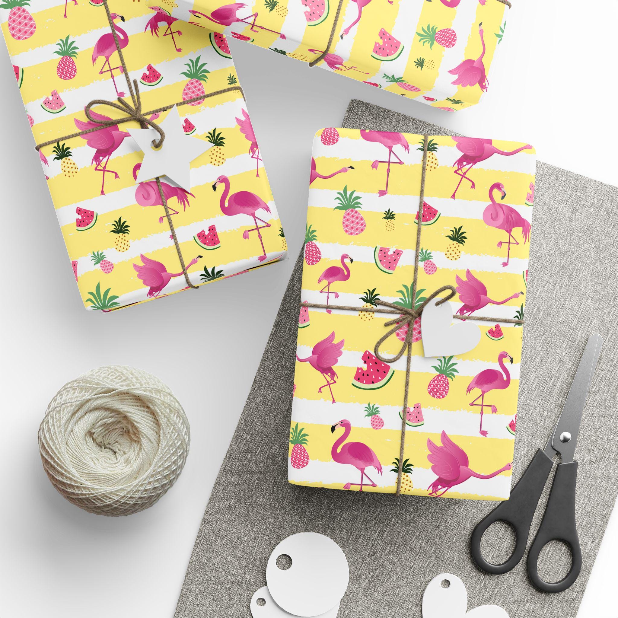 Tropical Gift Wrapping Paper, Bright Flamingo & Fruit Pattern, Gift Wrap for Summer Celebrations, Birthday Party, Holiday, EcoFriendly Wrap
