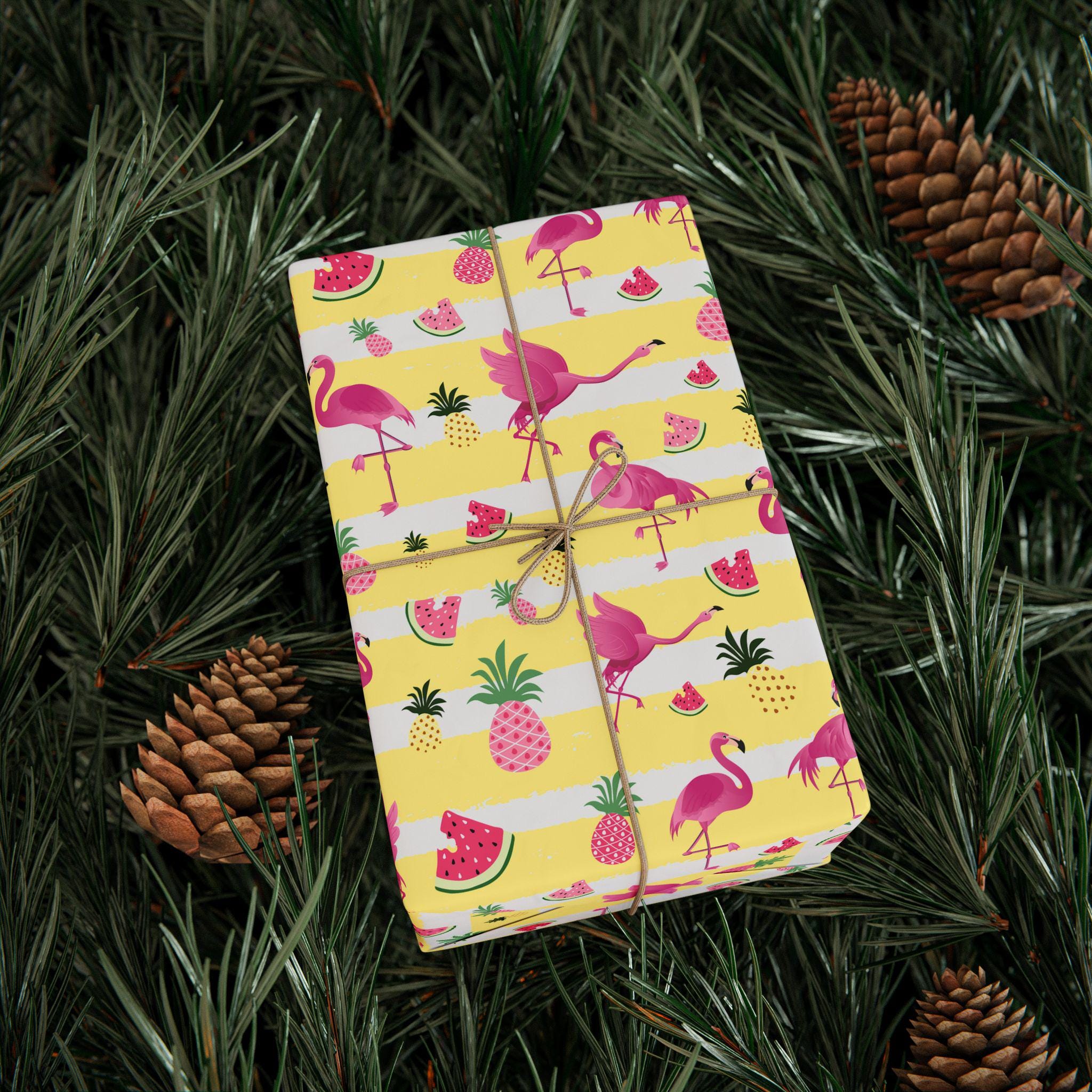 Tropical Gift Wrapping Paper, Bright Flamingo & Fruit Pattern, Gift Wrap for Summer Celebrations, Birthday Party, Holiday, EcoFriendly Wrap