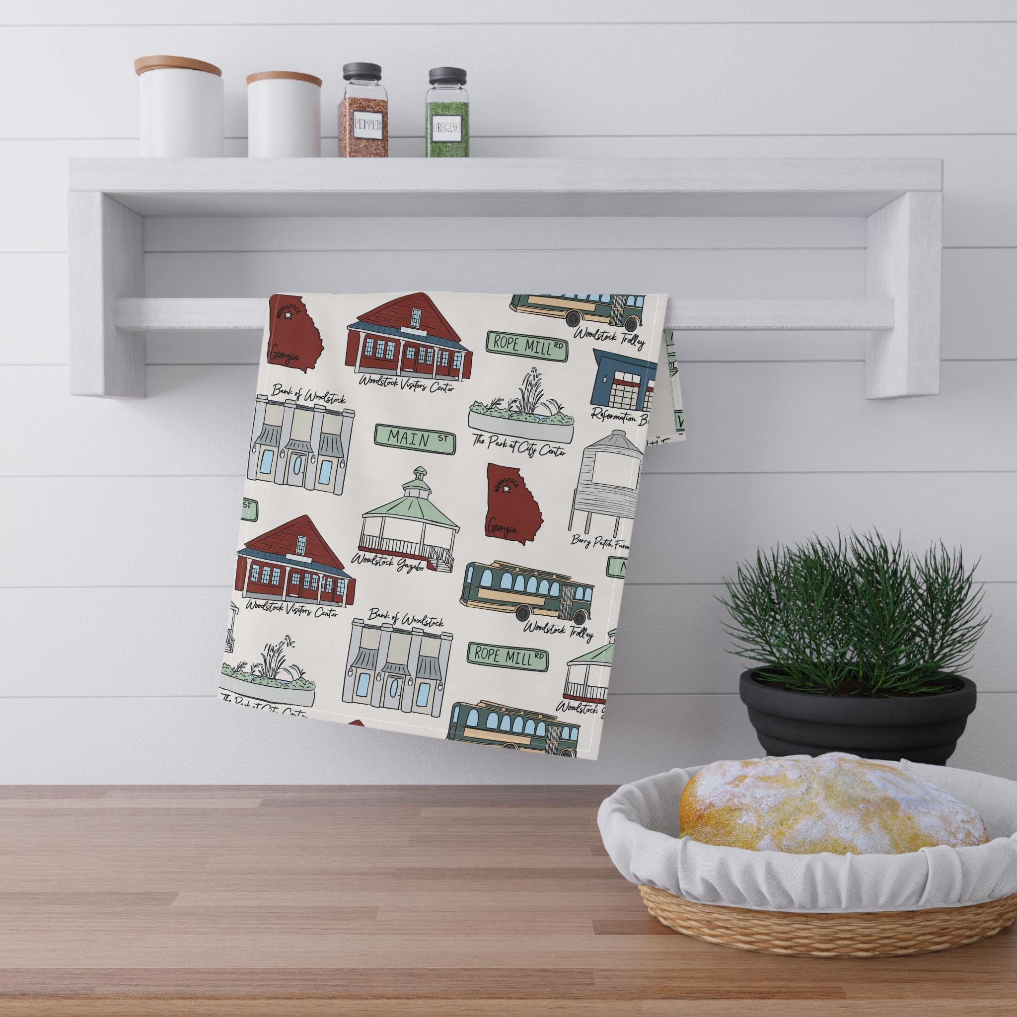 Woodstock Georgia Illustrated Kitchen Towels, Kitchen Decor, Farmhouse Style, Gift for Hosts, Unique Kitchen Linens, Woodstock GA Pattern