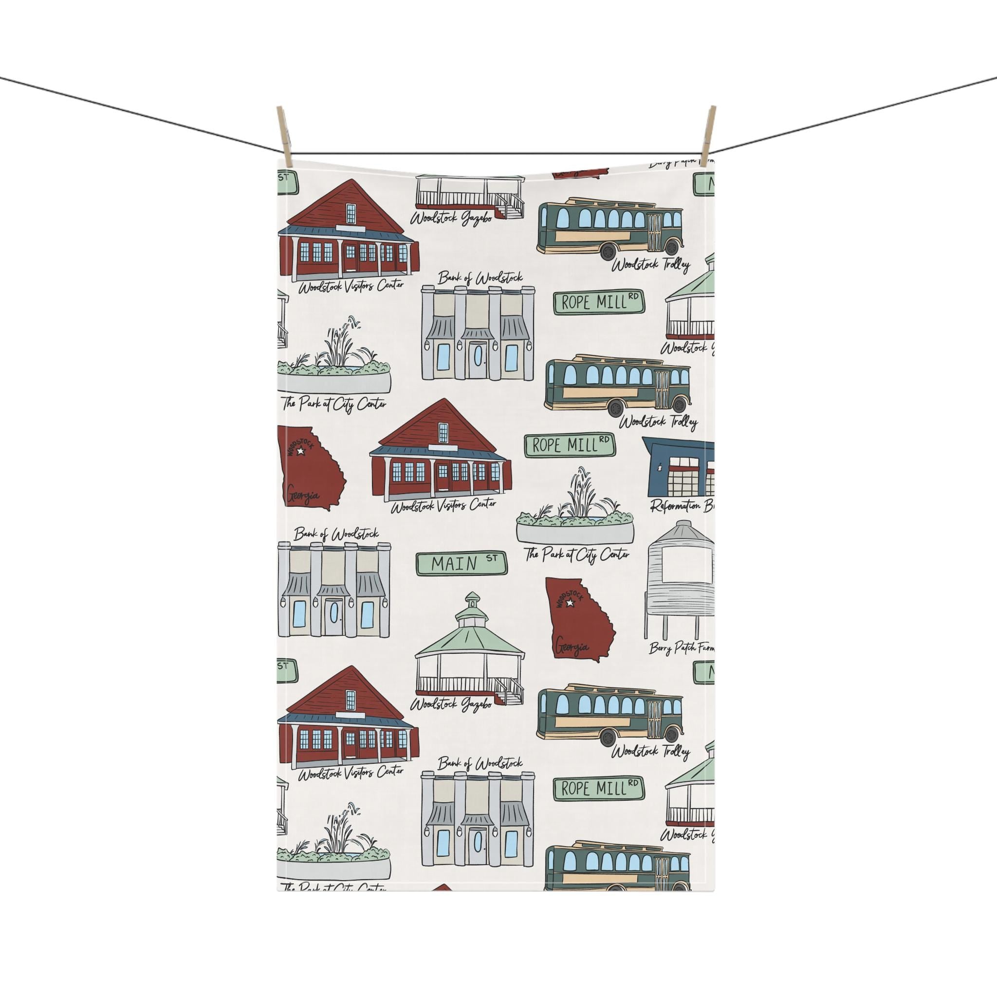 Woodstock Georgia Illustrated Kitchen Towels, Kitchen Decor, Farmhouse Style, Gift for Hosts, Unique Kitchen Linens, Woodstock GA Pattern