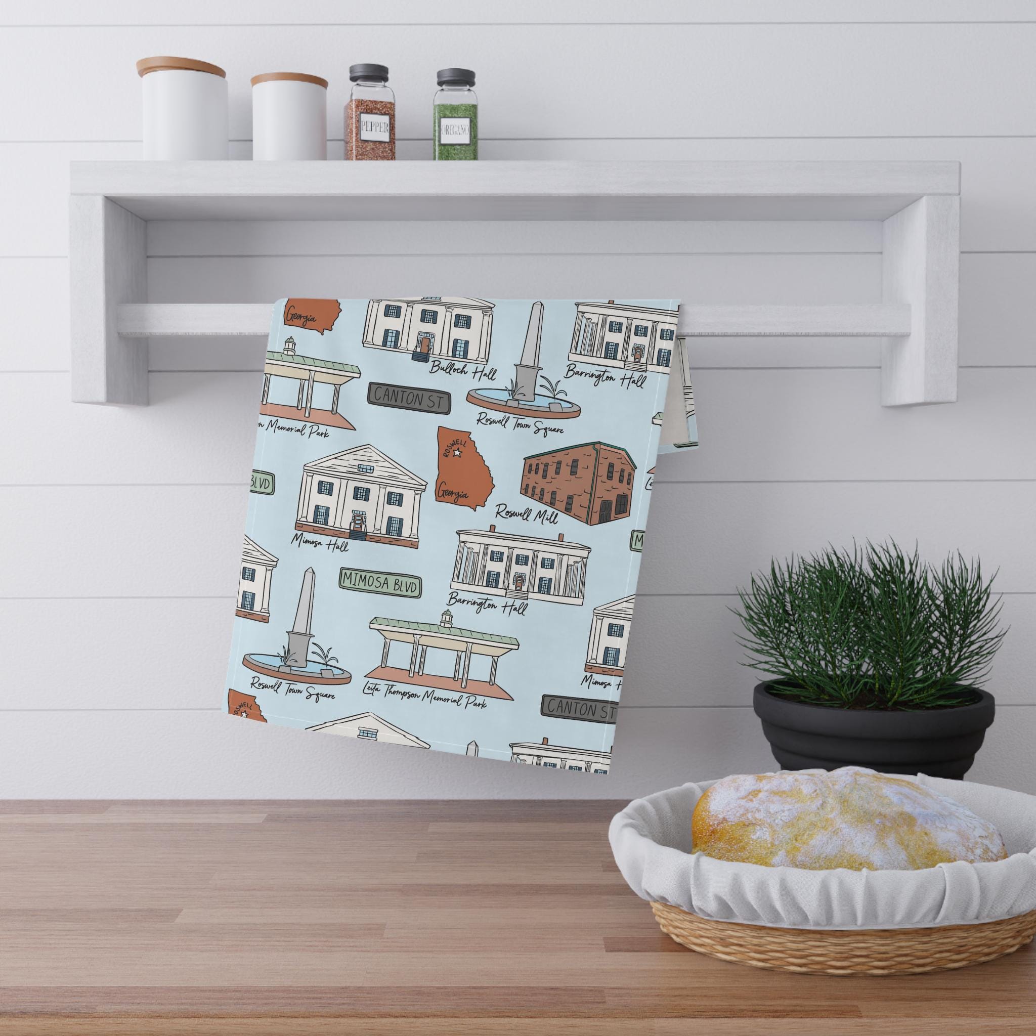 Roswell Georgia Illustrated Kitchen Towels, Kitchen Decor, Farmhouse Style, Gift for Hosts, Unique Kitchen Linens, Roswell GA Pattern