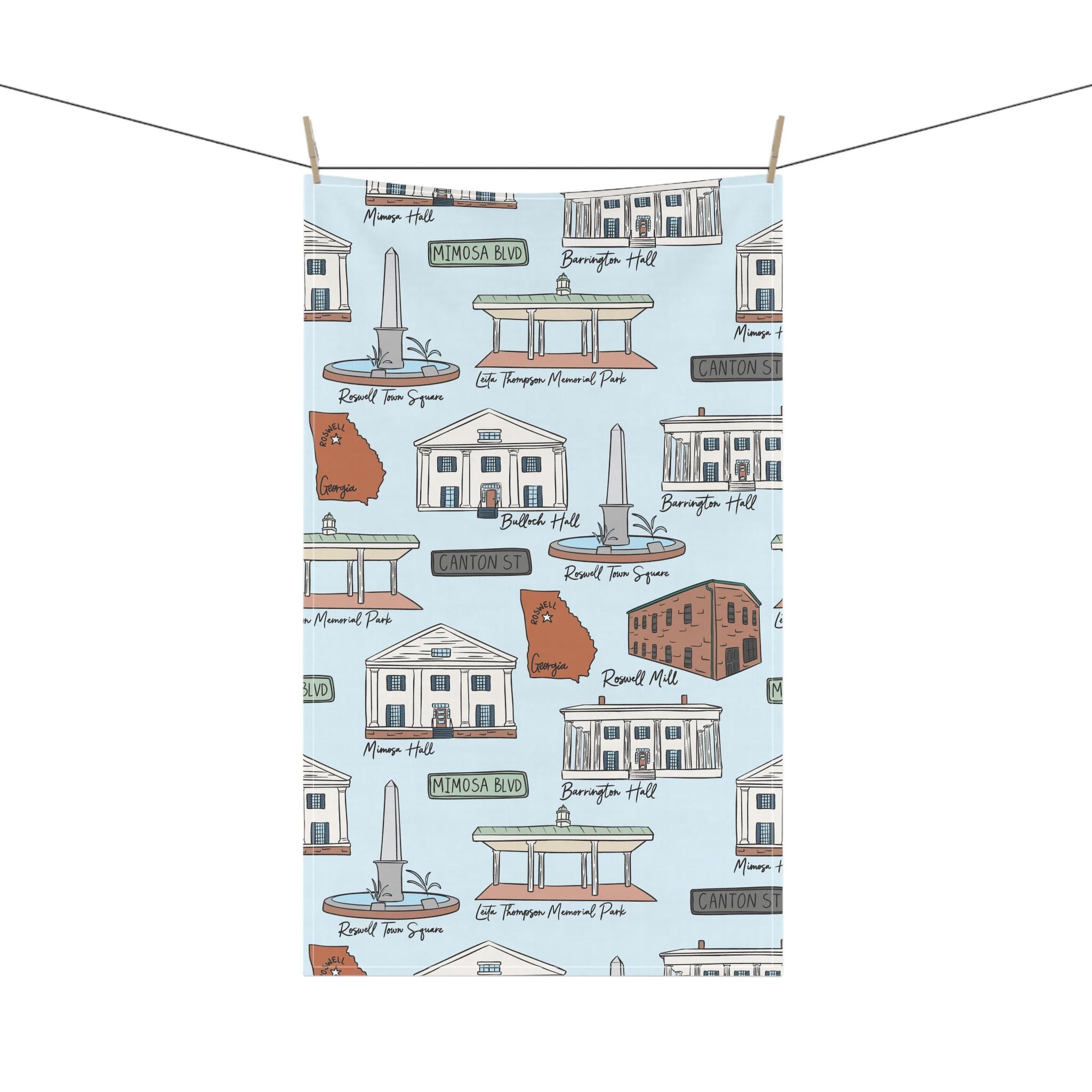 Roswell Georgia Illustrated Kitchen Towels, Kitchen Decor, Farmhouse Style, Gift for Hosts, Unique Kitchen Linens, Roswell GA Pattern