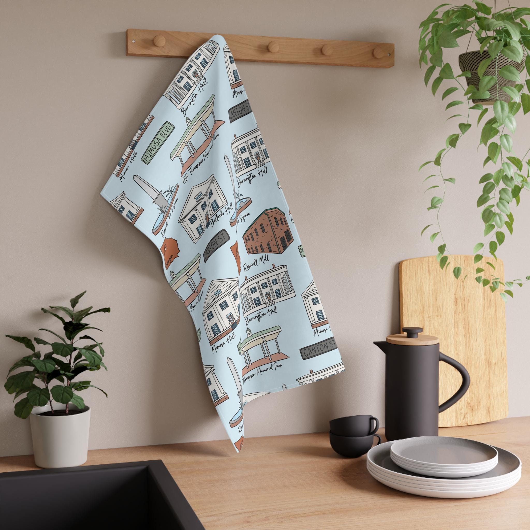 Roswell Georgia Illustrated Kitchen Towels, Kitchen Decor, Farmhouse Style, Gift for Hosts, Unique Kitchen Linens, Roswell GA Pattern