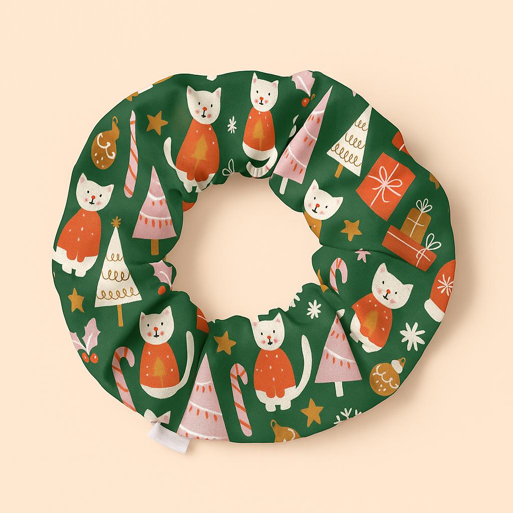 Festive Christmas Cat Holiday Scrunchie, Cute Winter Hair Accessory, Christmas Hair Tie, Gift for Her, Fun Holiday Seasonal Scrunchie