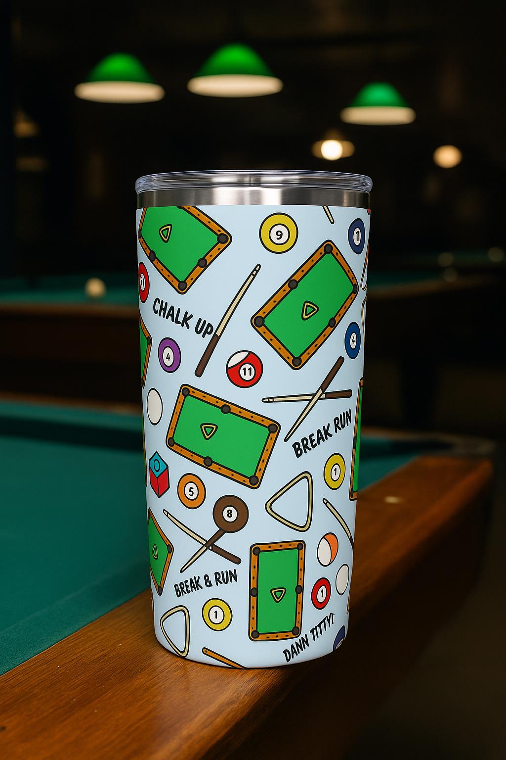 Pool Hall Tumbler Cup Billiards Travel Mug with Funny Pool Table Pattern, Cue Ball & Chalk Gift for Pool Players, 20oz Stainless Steel