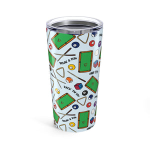 Pool Hall Tumbler Cup Billiards Travel Mug with Funny Pool Table Pattern, Cue Ball & Chalk Gift for Pool Players, 20oz Stainless Steel