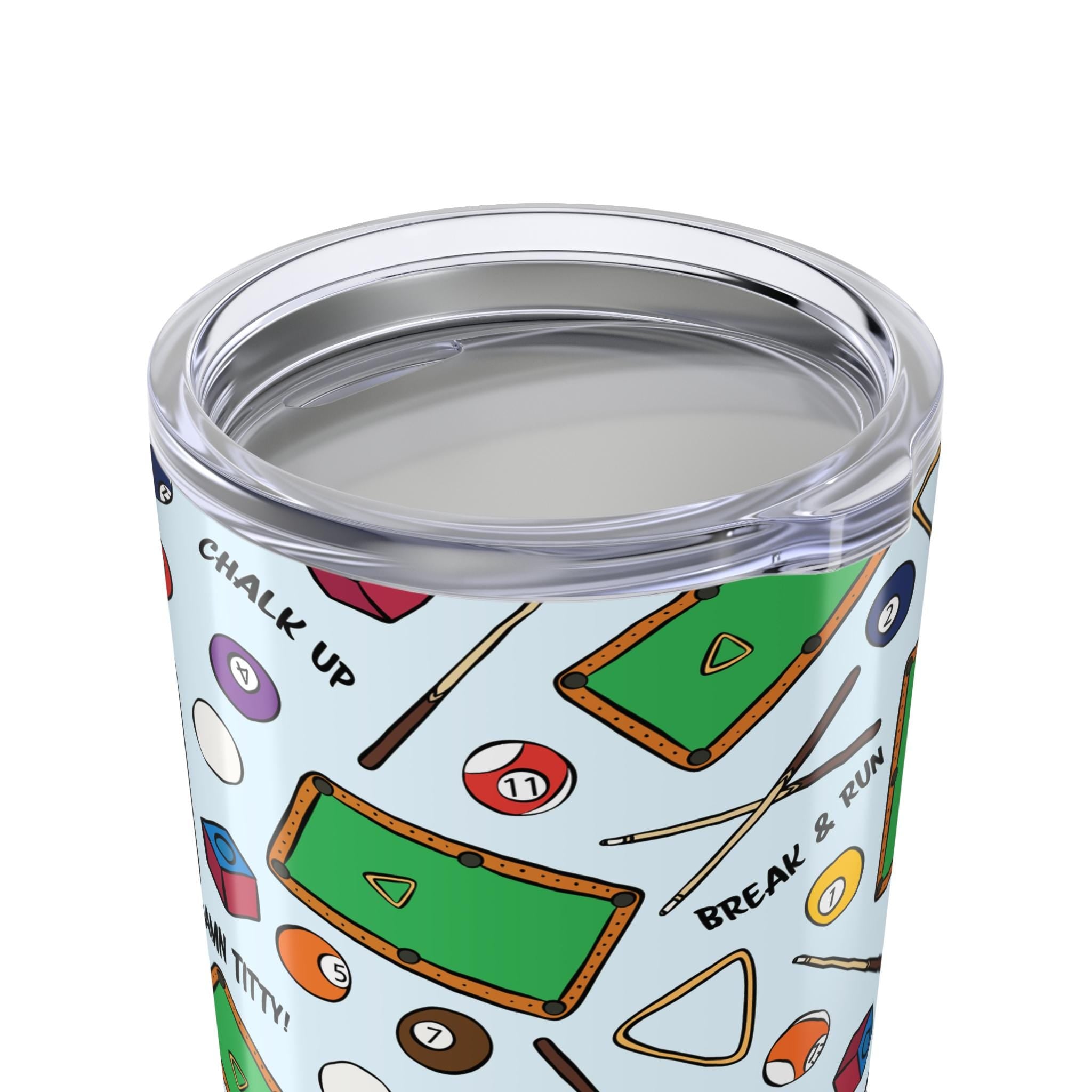 Pool Hall Tumbler Cup Billiards Travel Mug with Funny Pool Table Pattern, Cue Ball & Chalk Gift for Pool Players, 20oz Stainless Steel
