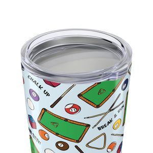 Pool Hall Tumbler Cup Billiards Travel Mug with Funny Pool Table Pattern, Cue Ball & Chalk Gift for Pool Players, 20oz Stainless Steel