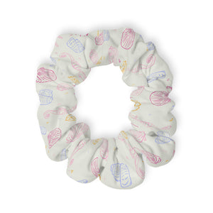 Seashell Scrunchie, Pastel Beach Hair Tie, Starfish Seahorse Ocean Pattern, Coastal Summer Hair Accessory, Cute Gift for Her, Vacay Vibe