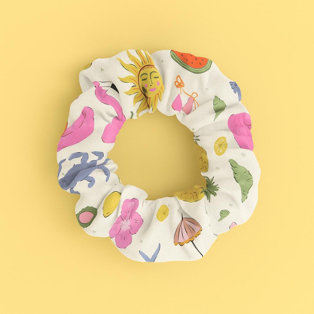 Scrunchie Hair Tie, Flamingo Sun Pineapple Print, Tropical Beach Accessory, Cute Colorful Hairband, Pool Day Gift, Summer Accessory