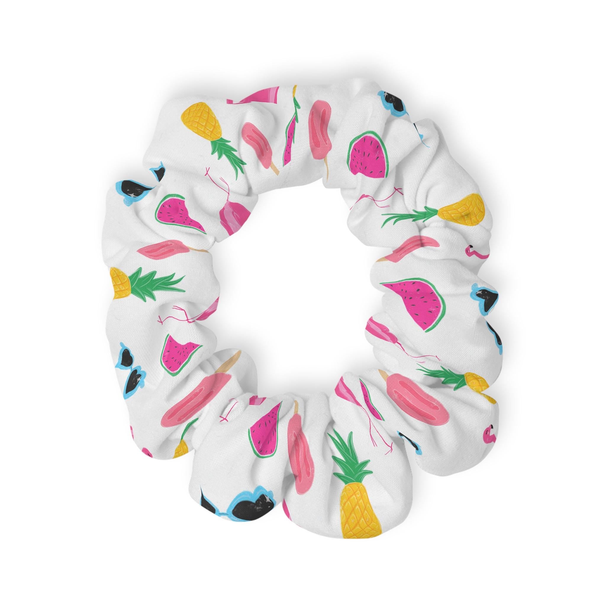 Scrunchie, Flamingo Tropical Hair Tie with Watermelon Pineapple Ice Pop Design, Summer Pool Day Hairband, Cute Gift for Her, Beach Vibe,