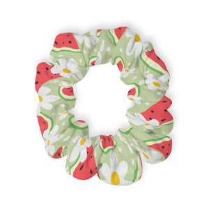 Watermelon Daisy Scrunchie, Summer Hair Tie, Cute Green Pink Fruit Floral Print, Soft Fabric Hairband, Picnic Style Gift for Her, Retro