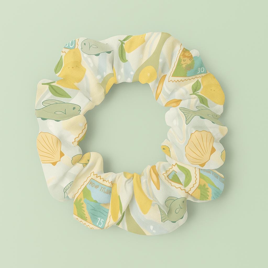 Italian Coast Scrunchie, Lemon Fish Stamp Print Hair Tie, Coastal Summer Accessory, Soft Beachy Hairband, Mediterranean Gift for Her