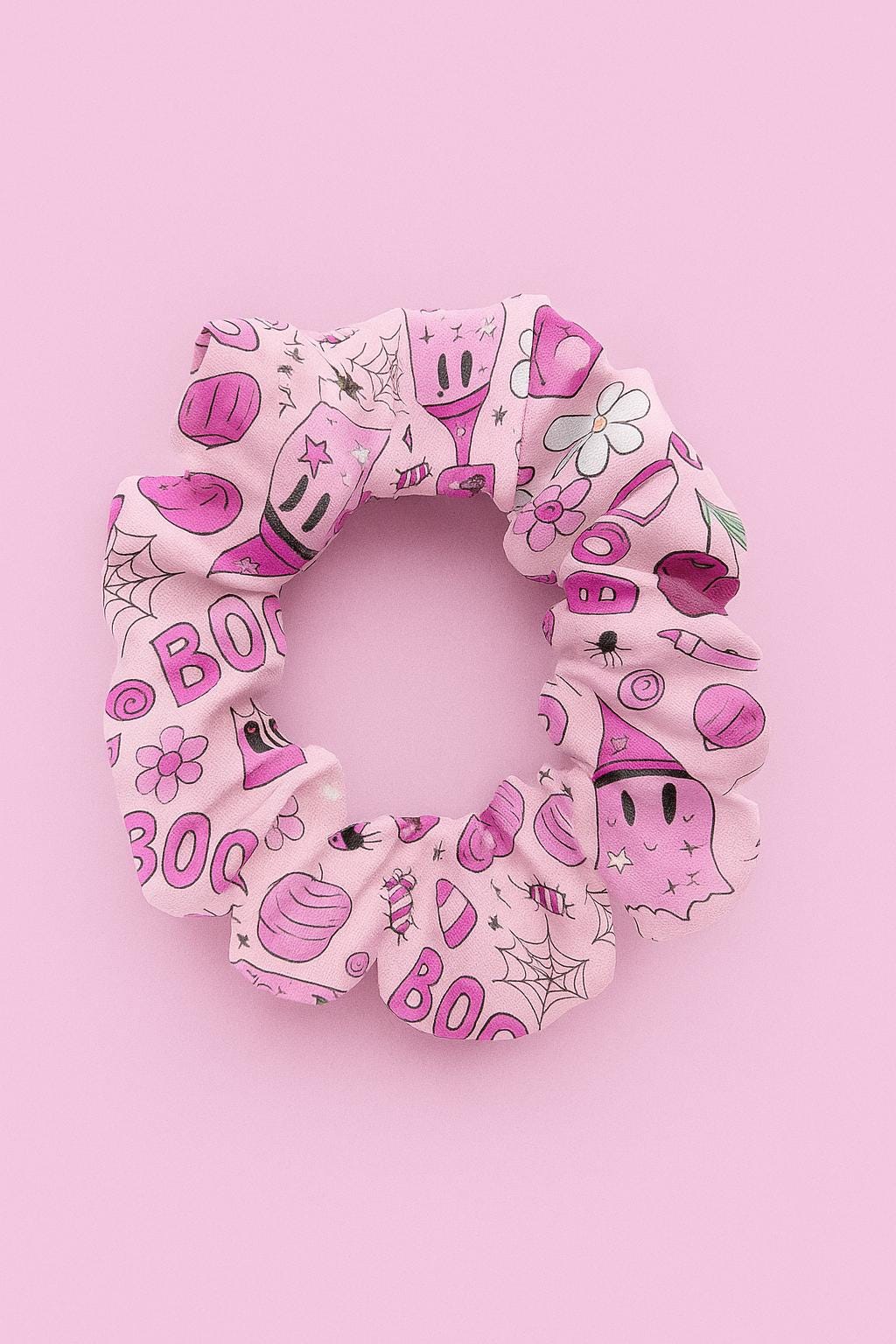 Halloween Scrunchie, Pink Ghost Floral BOO Hair Tie, Cute Spooky Witch Candy Pattern, Soft Fall Accessory, Pastel Goth Gift for Her