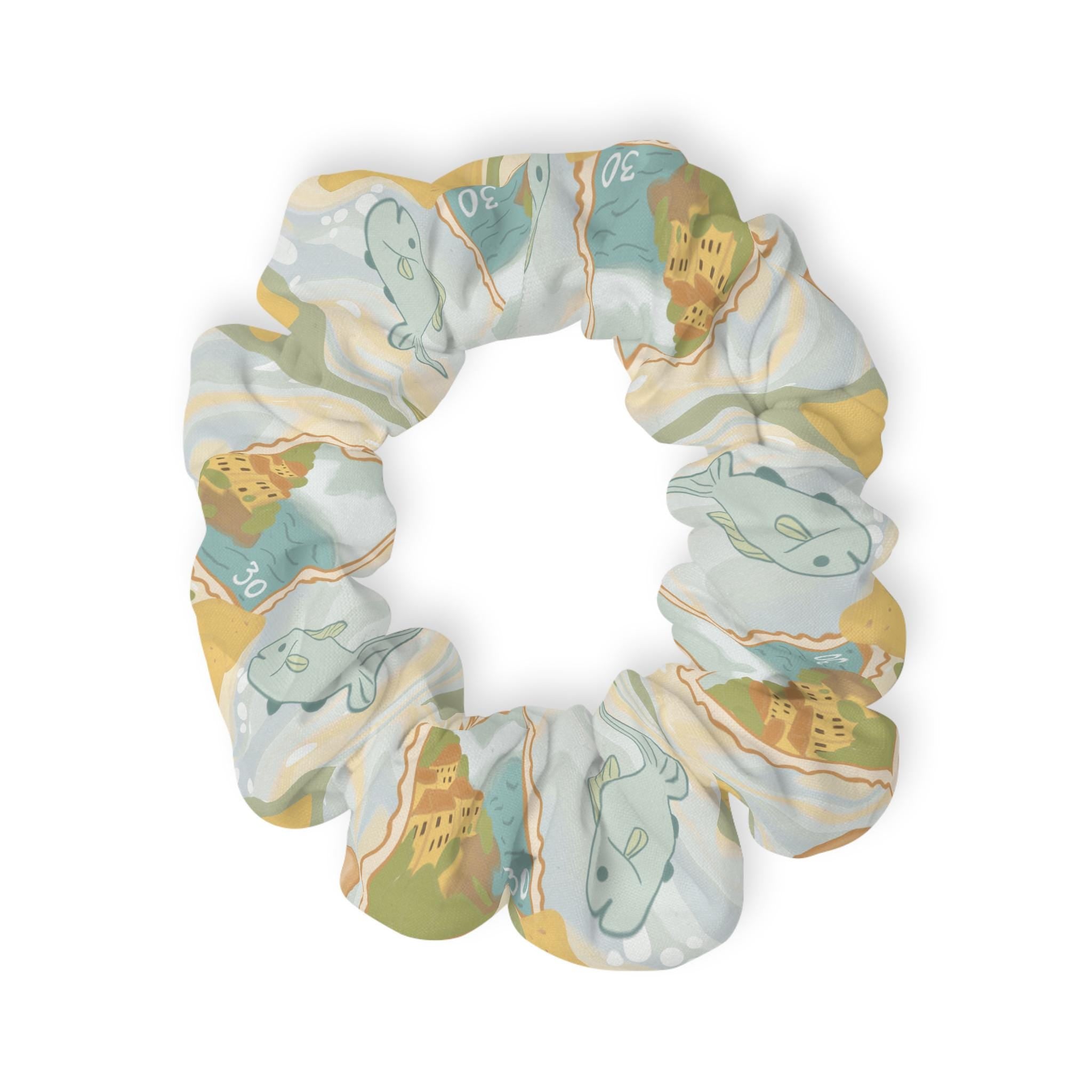 Italian Coast Scrunchie, Lemon Fish Stamp Print Hair Tie, Coastal Summer Accessory, Soft Beachy Hairband, Mediterranean Gift for Her