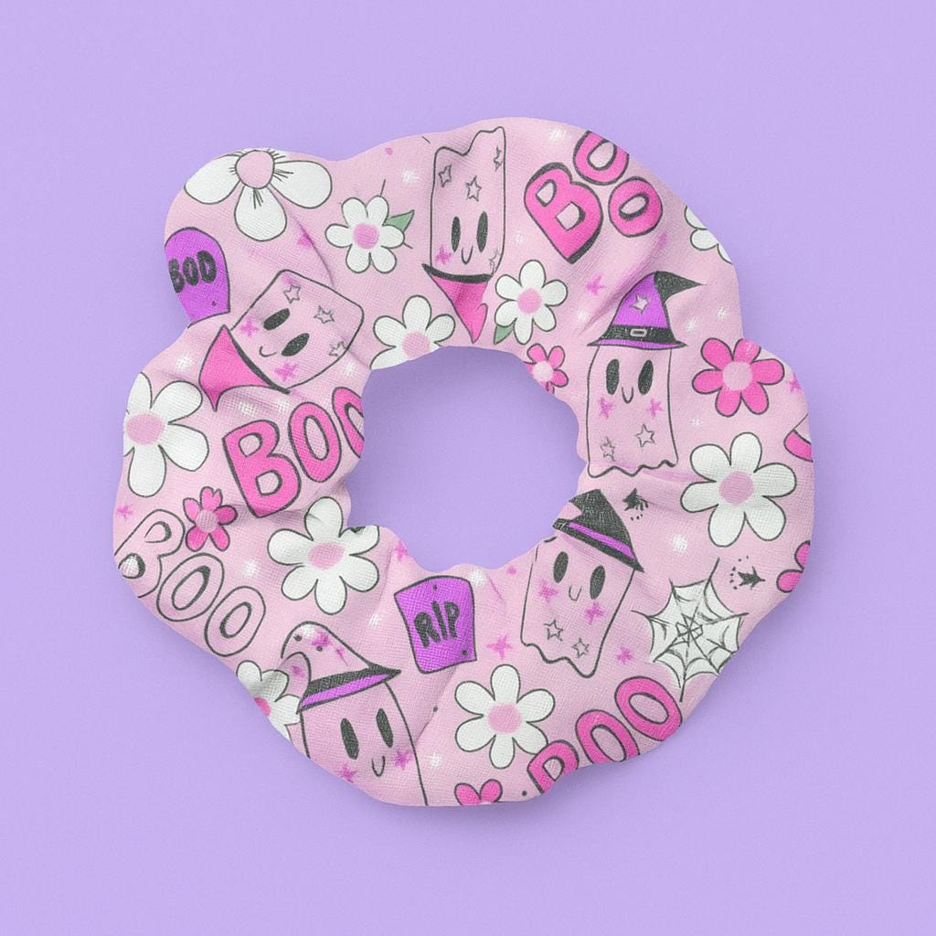 Halloween Scrunchie, Pink Ghost Floral BOO Hair Tie, Cute Spooky Witch Candy Pattern, Soft Fall Accessory, Pastel Goth Gift for Her