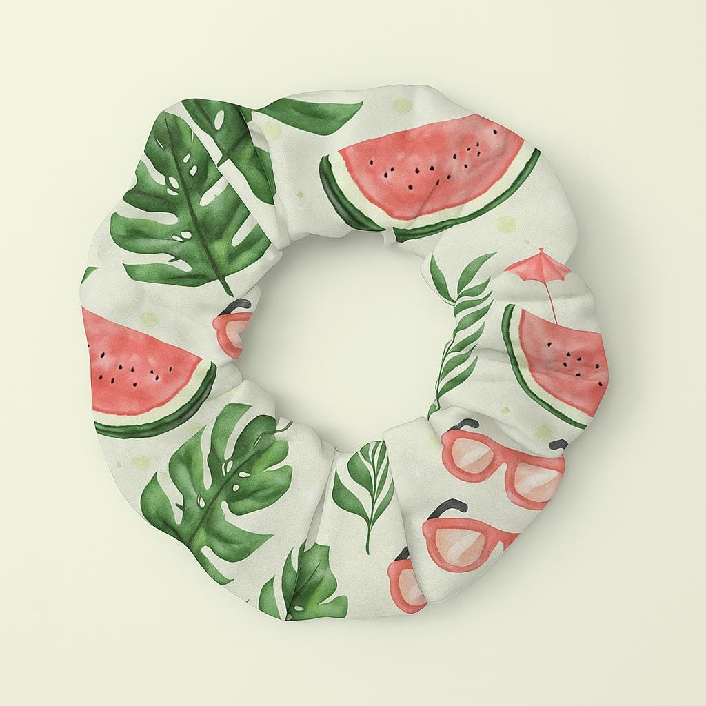Watermelon Summer Scrunchie, Tropical Fruit Hair Tie, Cute Watermelon Hair Accessory, Green Leaf Pattern Scrunchie, Gift for Her