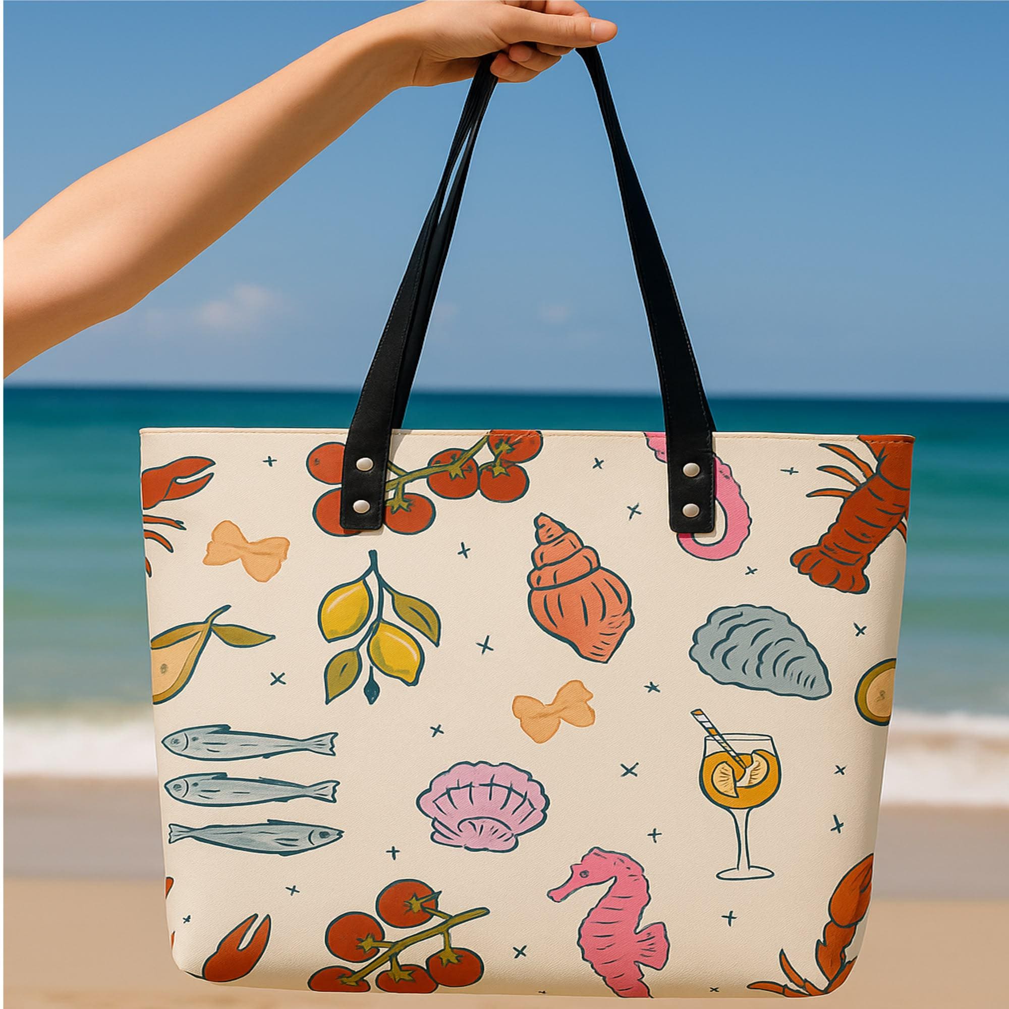 Beach-Inspired Leather Tote for Women - Large Custom Tote Handbag with Zipper, Trendy Mediterranean Style with Lemon & Shell Illustrations