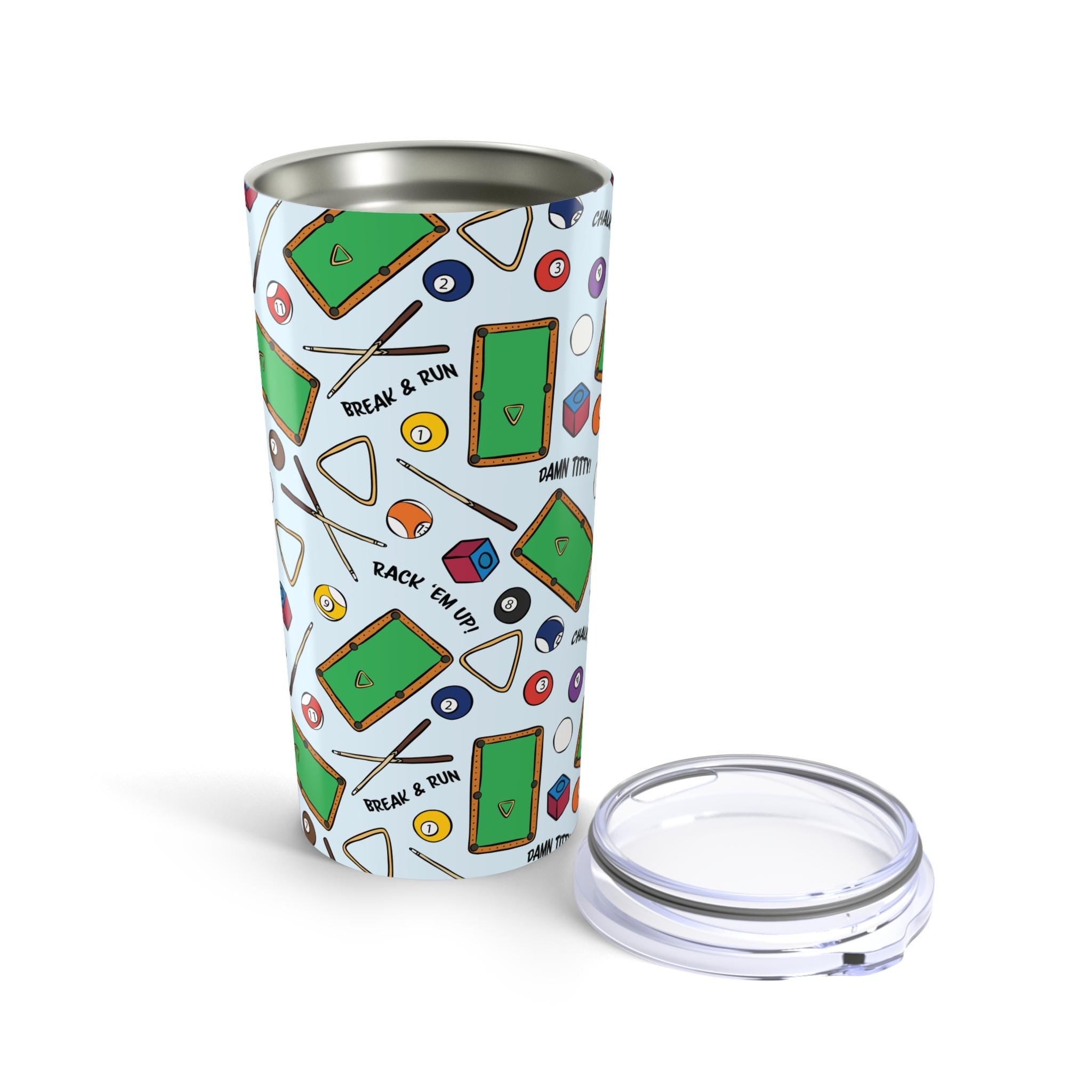 Pool Hall Tumbler Cup Billiards Travel Mug with Funny Pool Table Pattern, Cue Ball & Chalk Gift for Pool Players, 20oz Stainless Steel