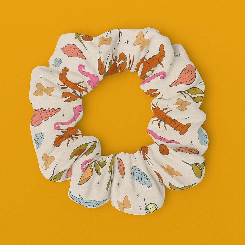 Seafood Scrunchie, Coastal Hair Tie with Lobsters, Seahorses, Shells, Lemon & Pasta Pattern, Beachy Hair Accessory, Summer Gift Idea