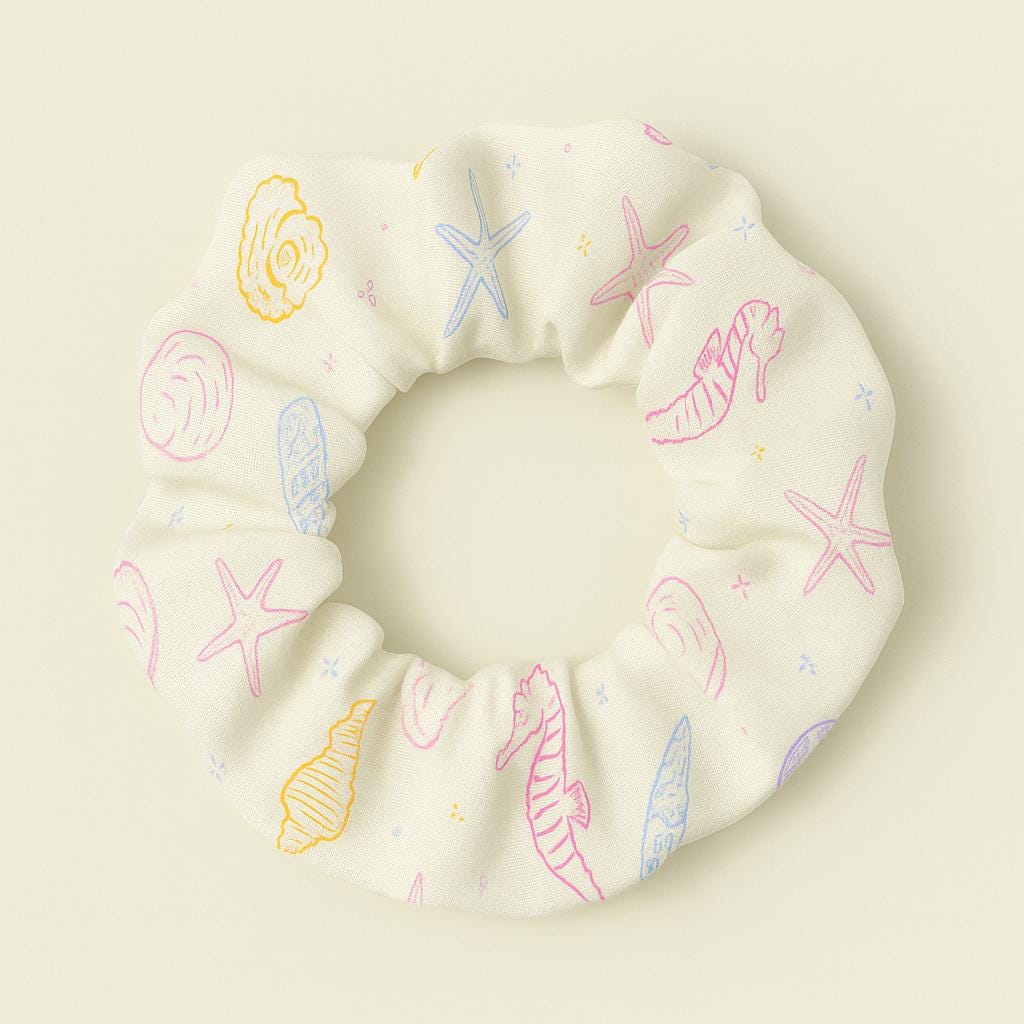 Seashell Scrunchie, Pastel Beach Hair Tie, Starfish Seahorse Ocean Pattern, Coastal Summer Hair Accessory, Cute Gift for Her, Vacay Vibe