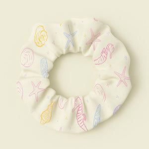 Seashell Scrunchie, Pastel Beach Hair Tie, Starfish Seahorse Ocean Pattern, Coastal Summer Hair Accessory, Cute Gift for Her, Vacay Vibe