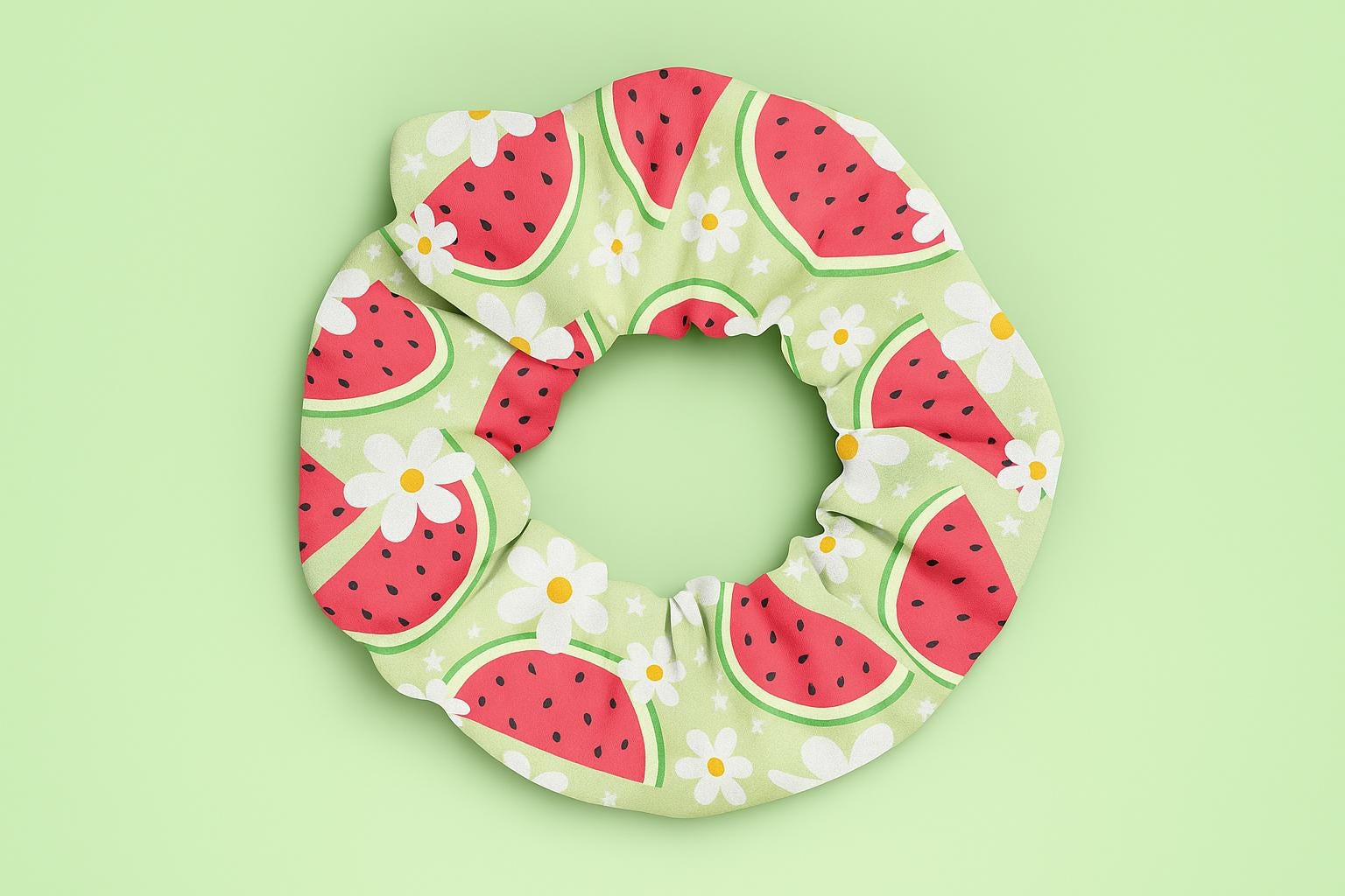 Watermelon Daisy Scrunchie, Summer Hair Tie, Cute Green Pink Fruit Floral Print, Soft Fabric Hairband, Picnic Style Gift for Her, Retro