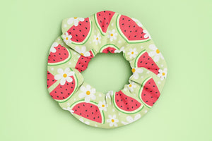 Watermelon Daisy Scrunchie, Summer Hair Tie, Cute Green Pink Fruit Floral Print, Soft Fabric Hairband, Picnic Style Gift for Her, Retro
