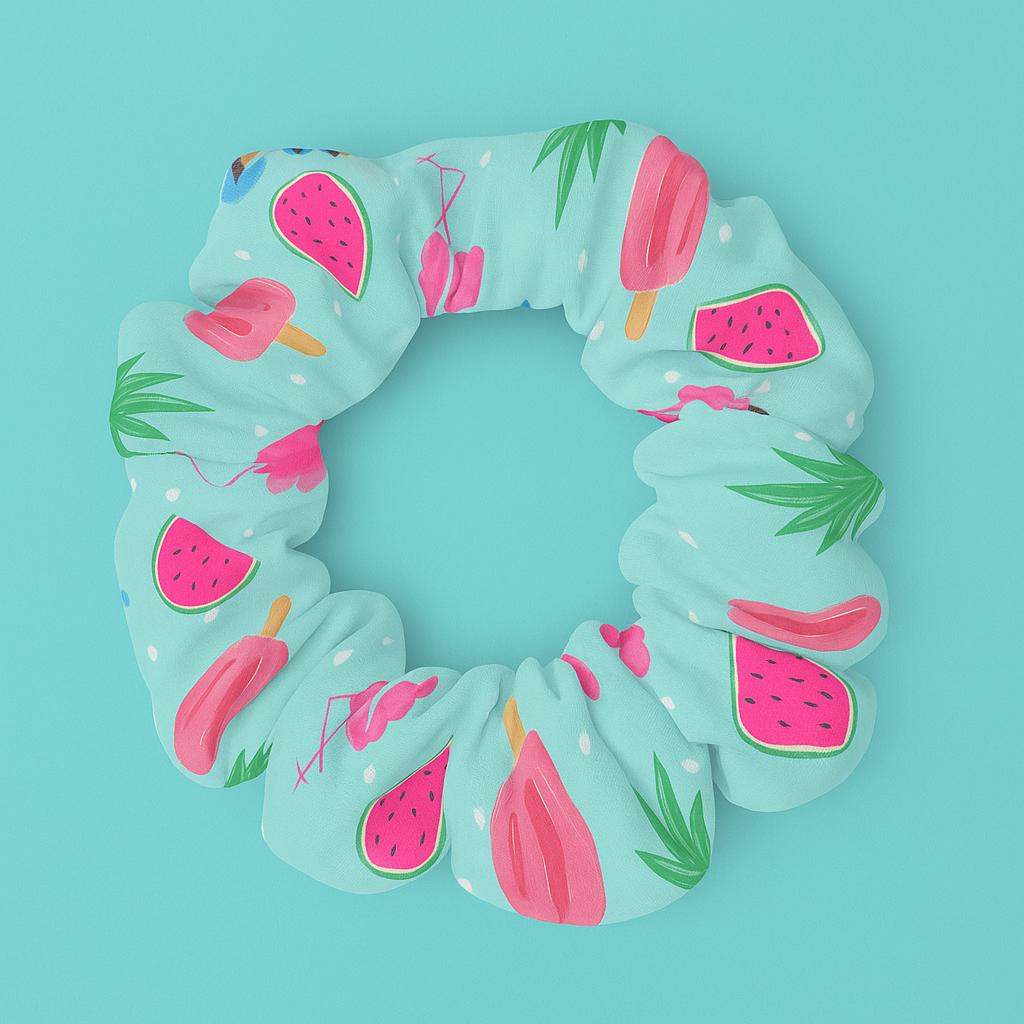 Scrunchie Hair Tie, Flamingo Sun Pineapple Print, Tropical Beach Accessory, Cute Colorful Hairband, Pool Day Gift, Summer Accessory