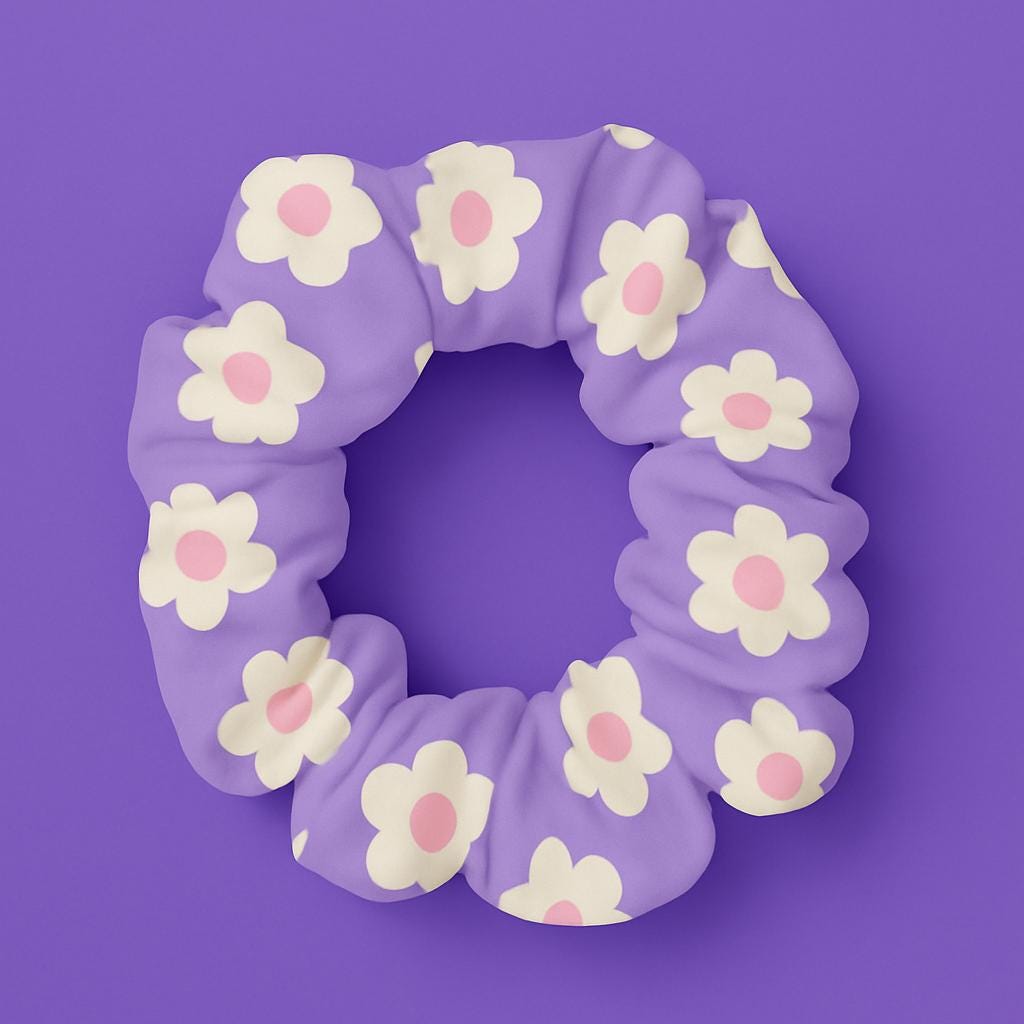 Scrunchie, Purple Daisy Floral Hair Tie, Retro Print Accessory, Cottagecore Gift for Her, Soft Fabric Hairband