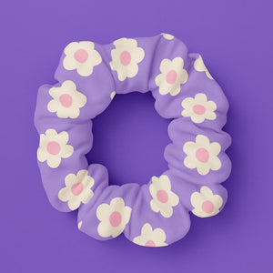Scrunchie, Purple Daisy Floral Hair Tie, Retro Print Accessory, Cottagecore Gift for Her, Soft Fabric Hairband