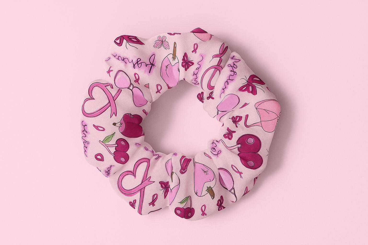 Pink Fighter Scrunchie, Breast Cancer Awareness Hair Tie, Boxing Gloves Bra Ribbon Print, Survivor Gift, October Accessory, Support Her