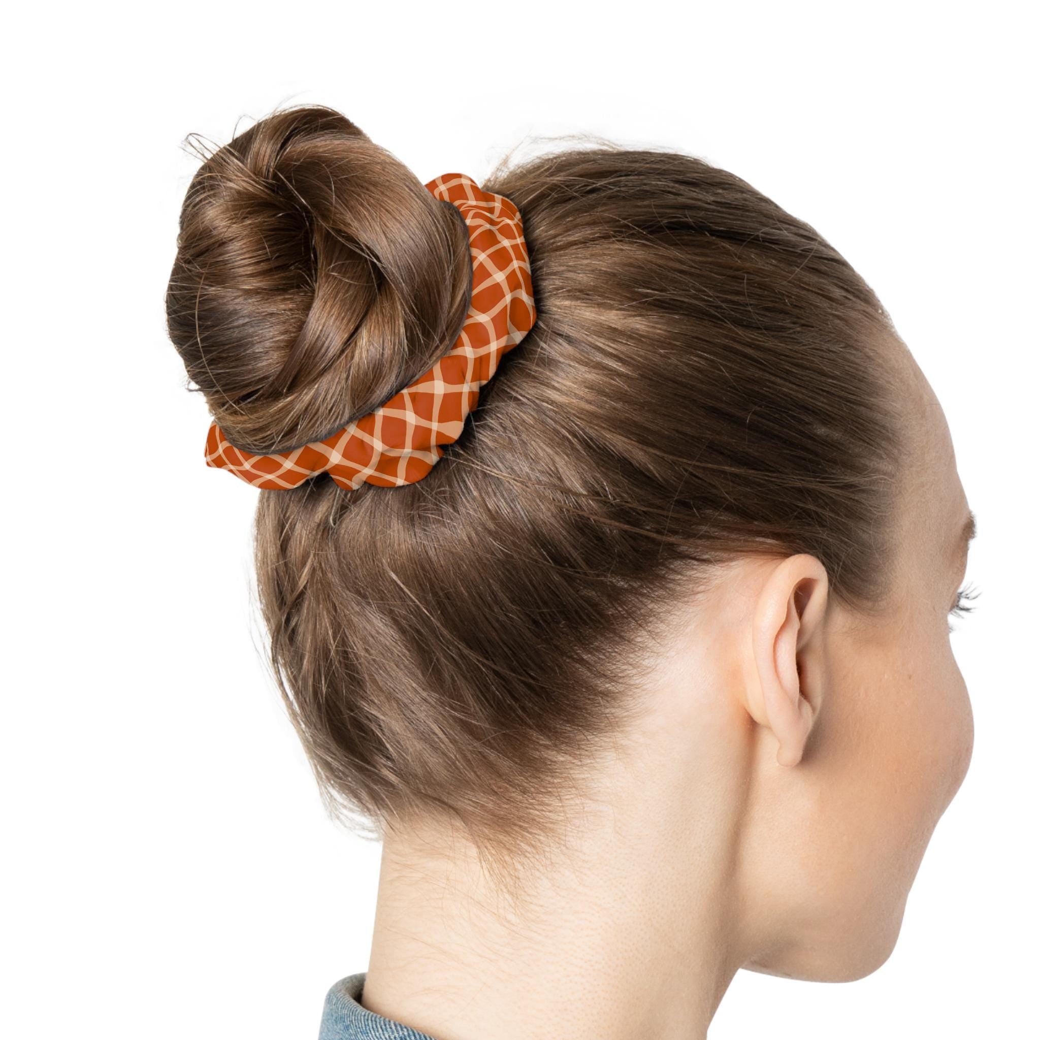 Rust Orange Fall Scrunchie, Neutral Hair Tie for Fall, Retro Grid Print Hair Accessory, Boho Style Scrunchie Gift for Her