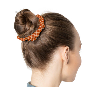 Rust Orange Fall Scrunchie, Neutral Hair Tie for Fall, Retro Grid Print Hair Accessory, Boho Style Scrunchie Gift for Her