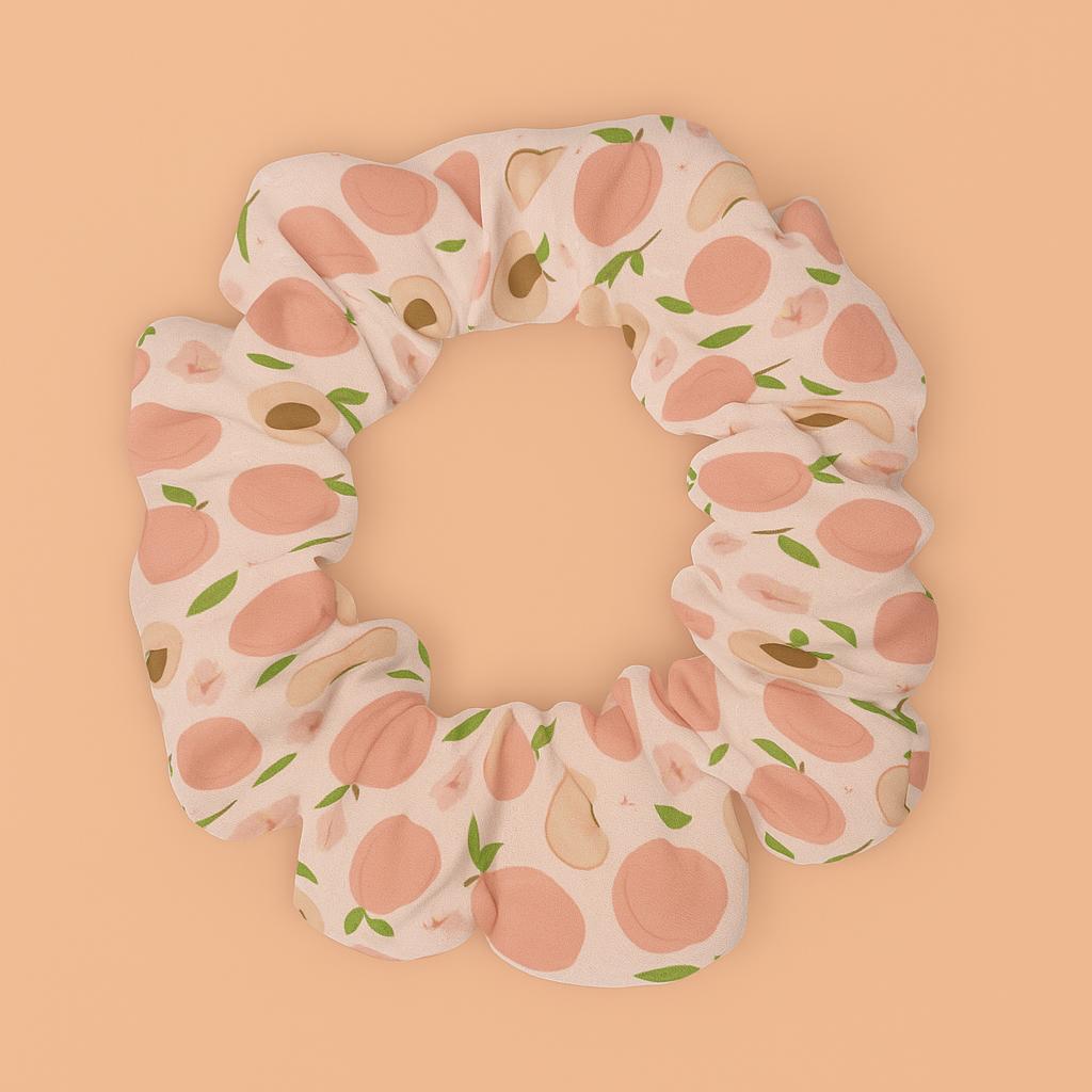 Peach scrunchie hair tie, fruit print hair accessory, cute peach elastic ponytail holder, soft peachy pink hair scrunchie gift for her