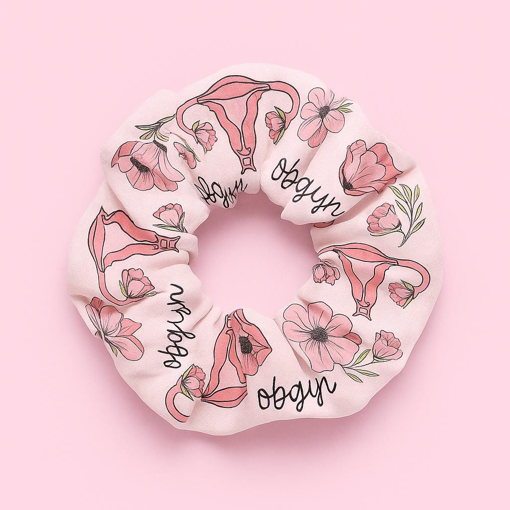 OBYN Nurse Hair Scrunchie, Pink Labor and Delivery Nurse Gift, Stork Footprint Floral Hair Tie, Cute OB Nurse Accessory, Nursing Gift