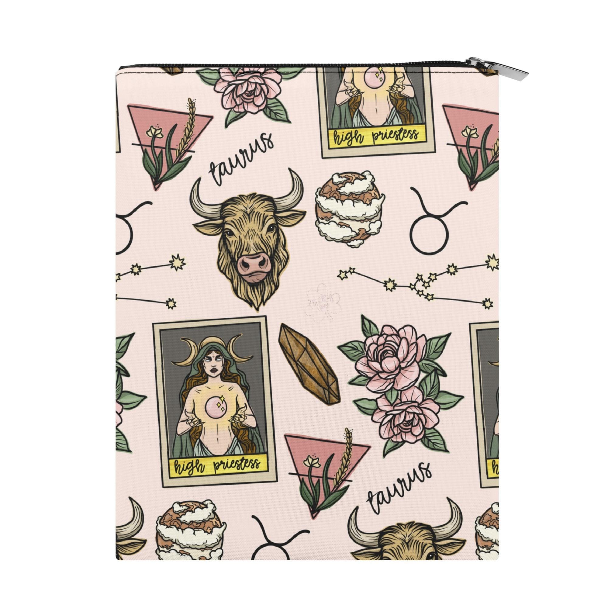 Taurus Seamless Pattern Printed Fabric Custom Book Sleeve Book Cover Protector with Zipper and Front Pocket