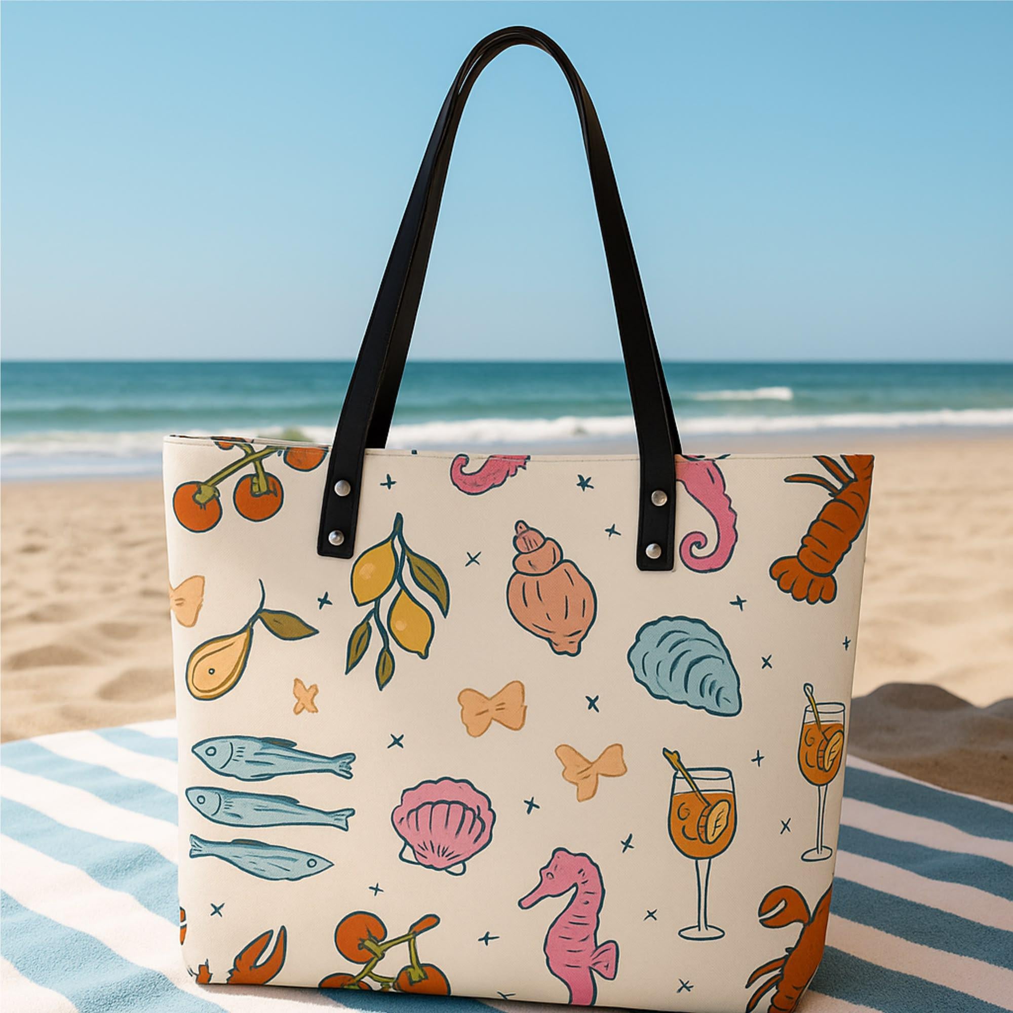 Beach-Inspired Leather Tote for Women - Large Custom Tote Handbag with Zipper, Trendy Mediterranean Style with Lemon & Shell Illustrations