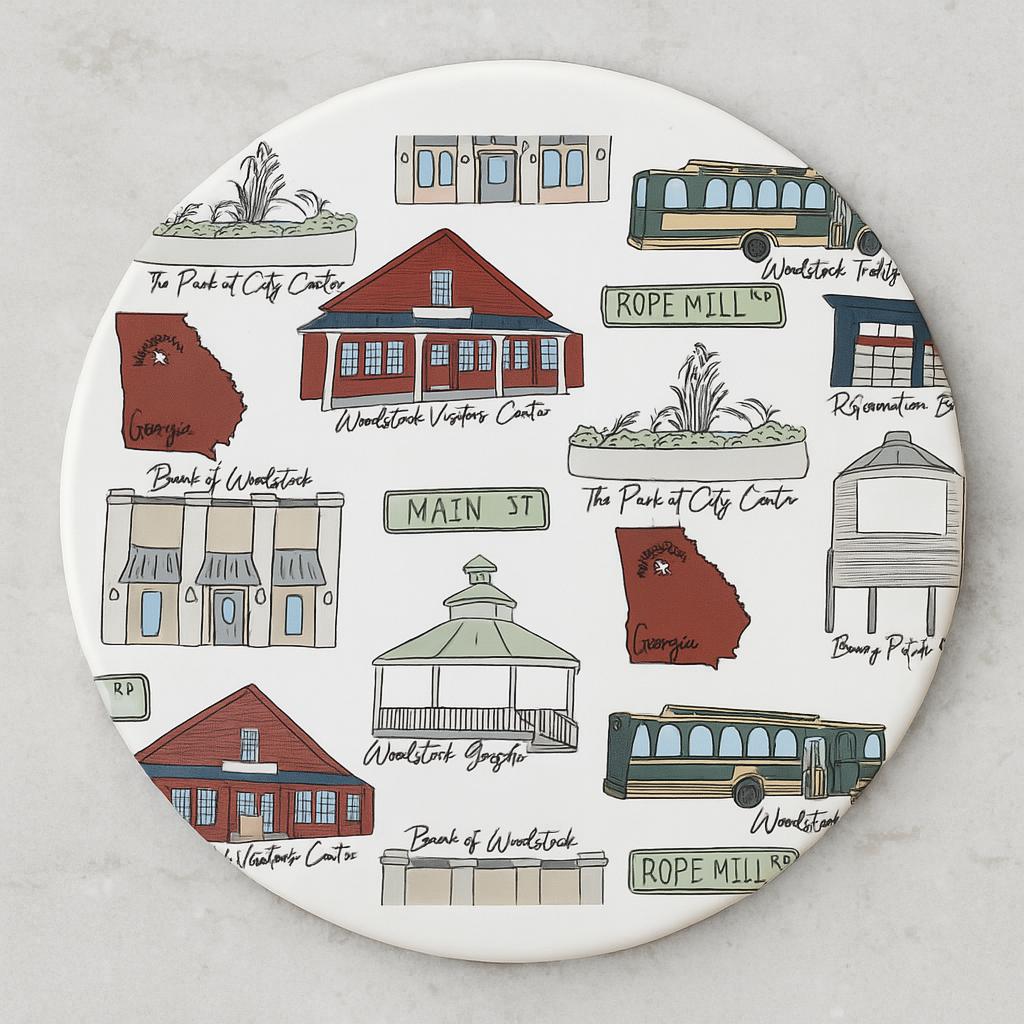 Woodstock GA Charming Local Ceramic Coaster, Souvenir Drink Coaster, Home Decor, Gift for New Home, Decoration for Coffee Table